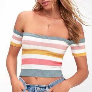 Hot Stuff White Multi Striped Ribbed Off-the-Shoulder Crop Top/ NWT/ SIZE: M